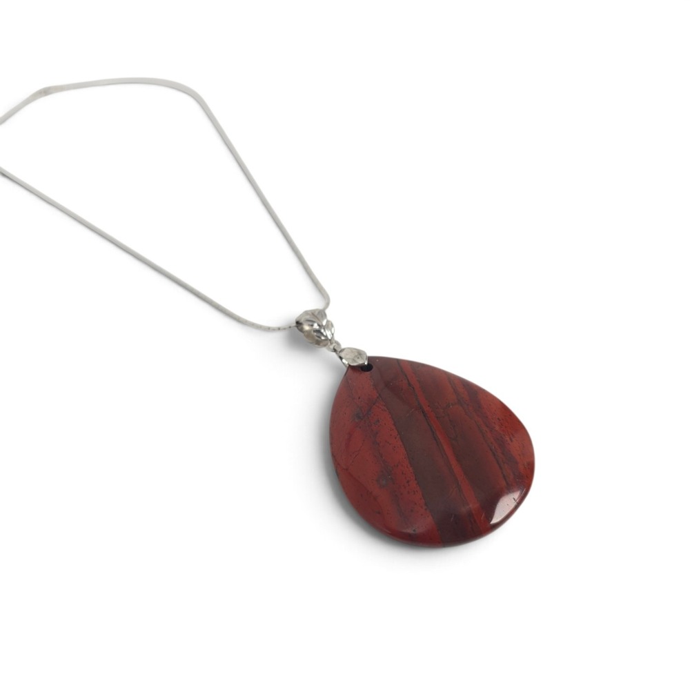 Large Red Banded Teardrop Pendant Necklace Silver Tone 20" Boho Statement - Picture 6 of 12